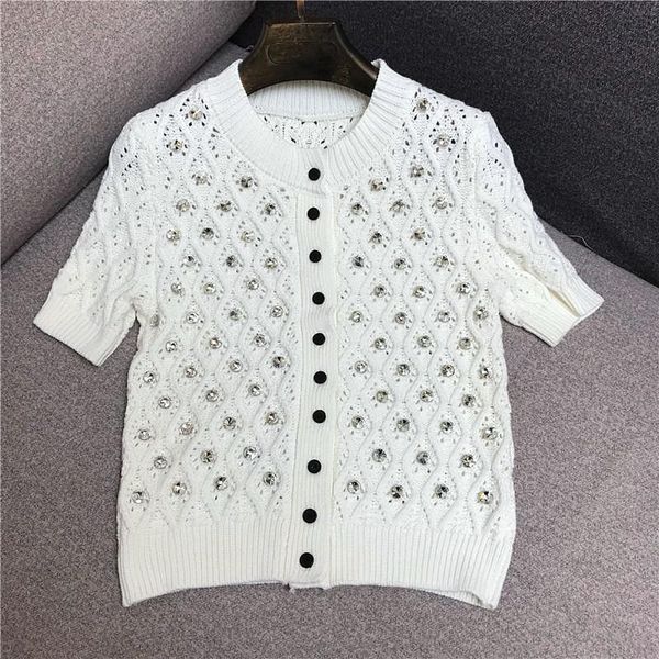 

women's knits & tees designer knitted cardigan for women o neck hollow out diamand short sleeve sweater, White