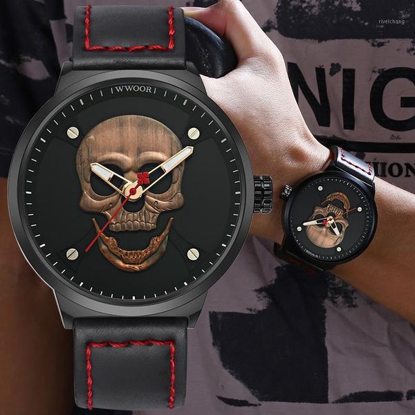 

wristwatches wwoor watches mens brand fashion 3d skull design vintage quartz watch waterproof mesh belt and genuine leather wrist, Slivery;brown