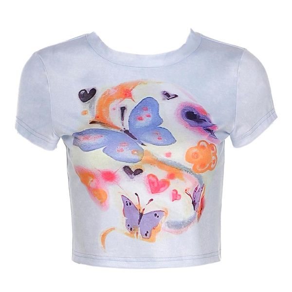 

women's t-shirt fashiom crewneck cute crop girls navel butterfly tie dye print short sleeve o-neck slim fitted t-shirts blue s///l, White