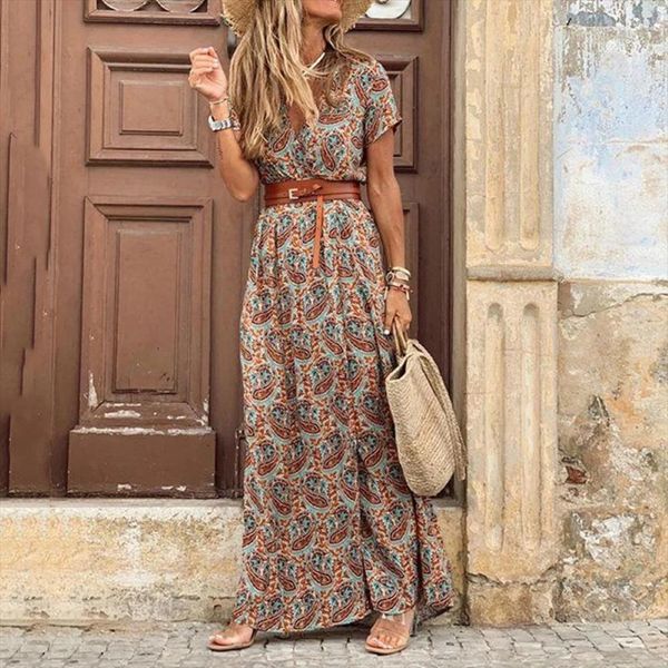 

summer boho long vintage womens dress paisley print beach style maxi elegant short sleeve belted split robe, Black;gray