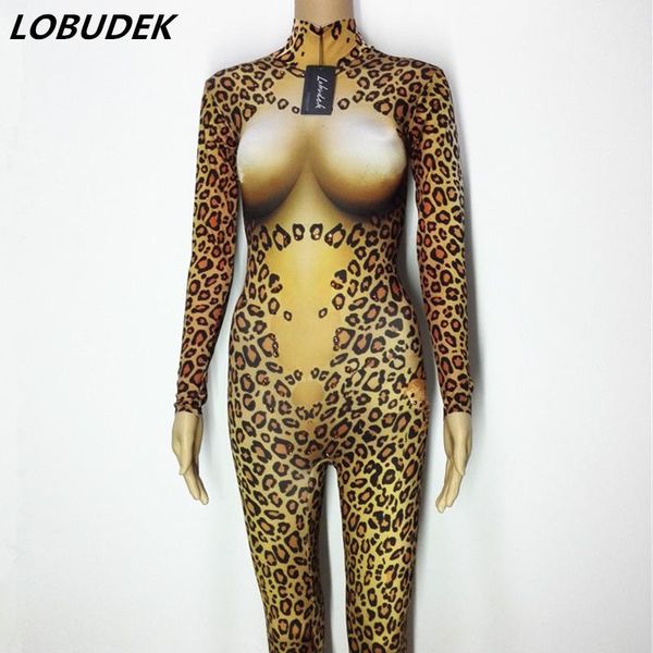 

women's jumpsuits & rompers leopard-print female jumpsuit stage leopard stretch bodysuit nightclub pole dancing costume party role perf, Black;white