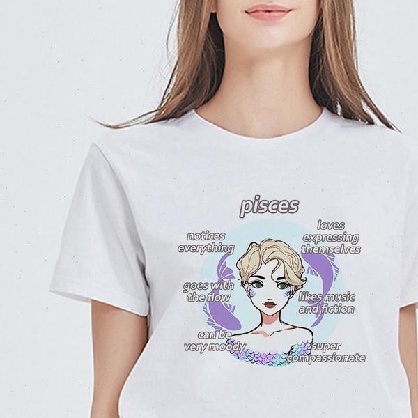 

female cute cartoon tshirt plus size vestidos lovely new pisces daily vintage t shirt constellations harajuku t shirt, White