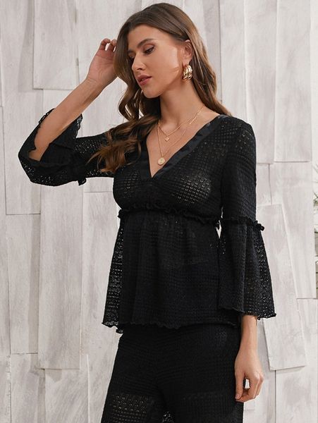 

frill trim bell sleeve peplum cover up c6vx#, White;black