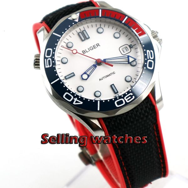 

bliger sport style mechanical watch white plate blue ceramic seal 41mm sapphire crystal men's, Slivery;brown