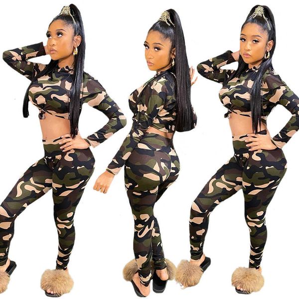 

women designers 2 piece pants sets fashion cute camouflage print hooded long sleeve suit, White