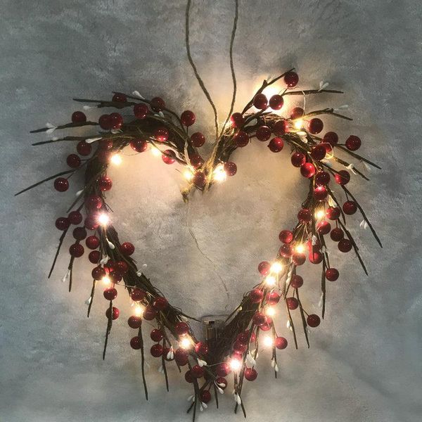 

valentine's day wreath front door decorations red berries heart shaped wreaths with 20 led battery operated qp2