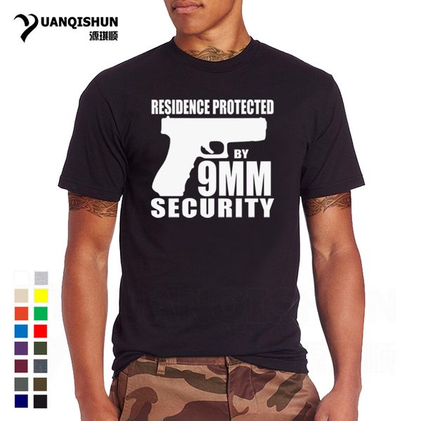 

yuanqishun boutique t-shirt fun men gun t shirt residence protected by 9mm security letter print tshirt 16 colors xs-3xl tees 0153, White;black