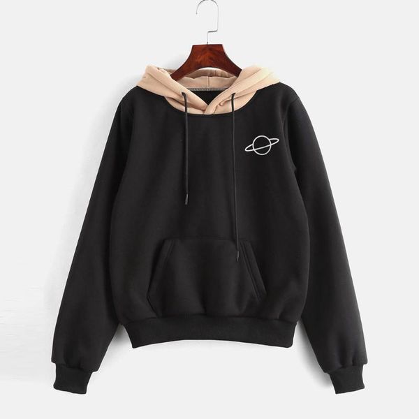 

women's hoodies & sweatshirts planet printing women long sleeve winter pouch pocket pullover hooded sweatshirt polerones mujer, Black
