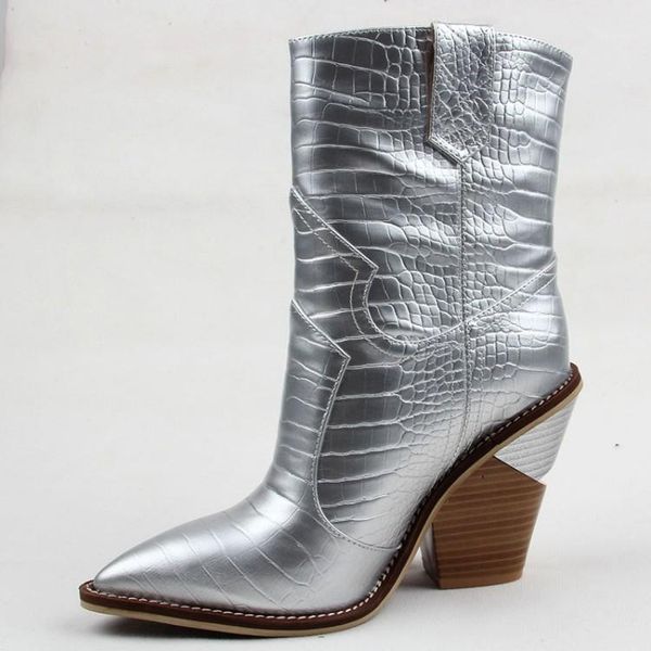 

boots fashion embossed genuine leather women booties pointed toe western cowboy mid-calf chunky wedges1, Black