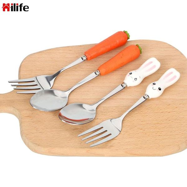 

spoons cartoon carrot dinnerware stainless steel children set baby kids feeding tools cute safety spoon fork