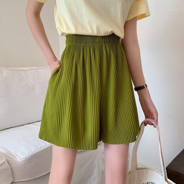 

wide leg pleated shorts women plus size green elastic waist summer 2021 fashion loose casual short girls trouser m- women's, White;black