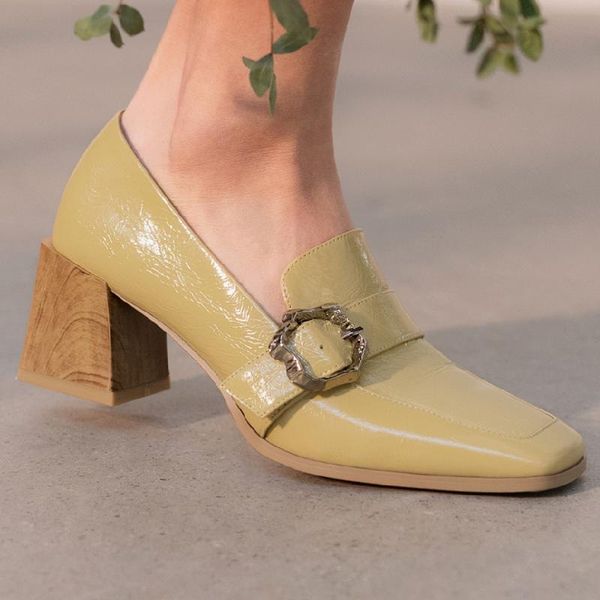 

dress shoes women's genuine leather thick med heel square toe slip-on pumps elegant ladies ol style mtal buckle daily heels sale, Black