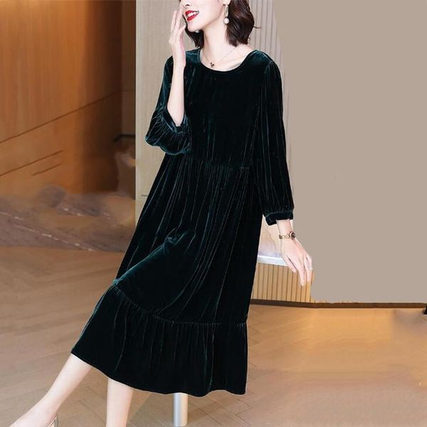 

casual dresses 2021 autunm women three quarter sleeve elegant velour dress,casual sping velvet dress vintage midi vestidos black party, Black;gray