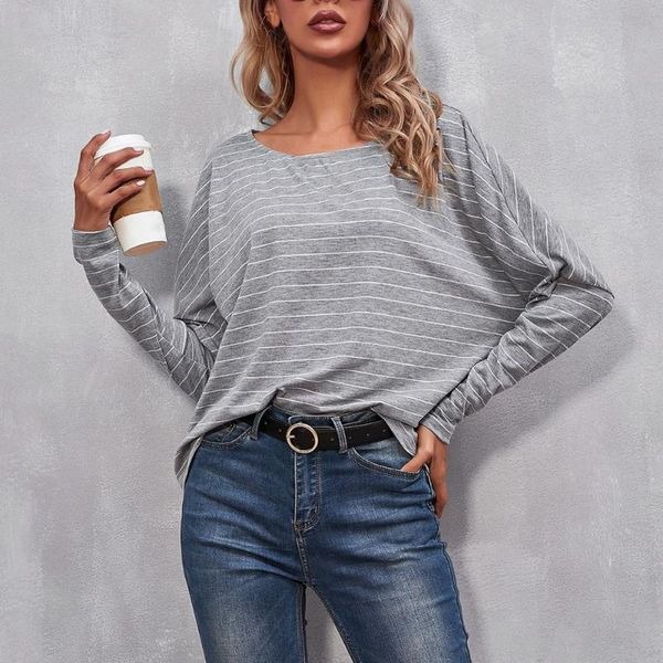 

women's t-shirt autumn casual all-wear long sleeve round neck stripe temperament contrast top, White
