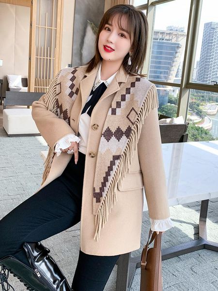 

suit collar mid-length fringed shawl double-sided woolen coat jacket women new autumn and winter plus sizes large size, White