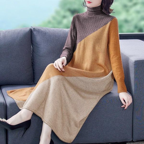 

casual dresses winter fall vintage womens turtleneck patchwork knit long wool sweater dress , elegant woman clothes knitting, Black;gray
