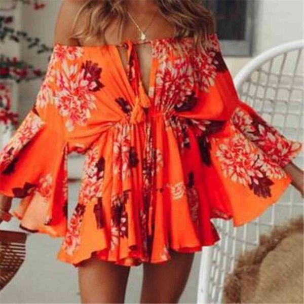 

boho off shoulder palysuit floral womens jumpsuits print beach summer short long flare sleeve casual flower romper, Black;white