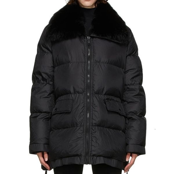 

2021 new women coats winter white duck down mid-length women's detachable fur collar lapel zipper jacket to keep warm h1bb, Black