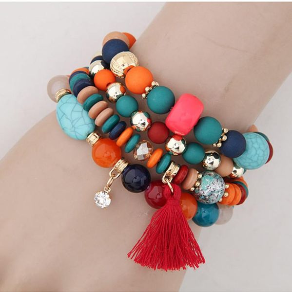 

bangle kymyad multilayer bracelet sets for women tassel crystal charming bijoux pulseira feminina beaded chains bracelets, Black