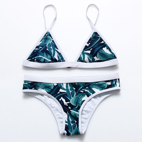 

printed waist leaf low white straight edge women's split bikini, White;black