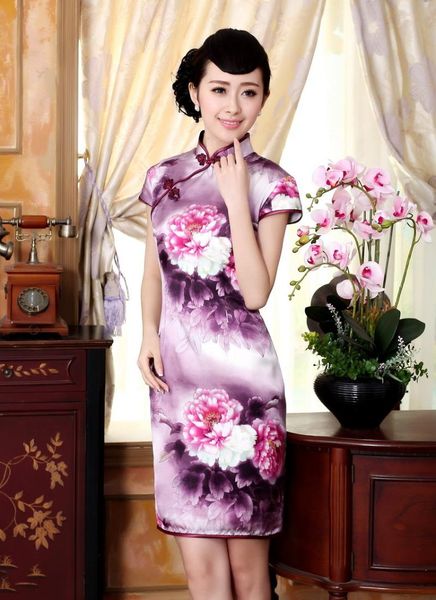 

shanghai story grade cheongsam silk chinese traditional dress for woman peony print cheongsam dress, Red