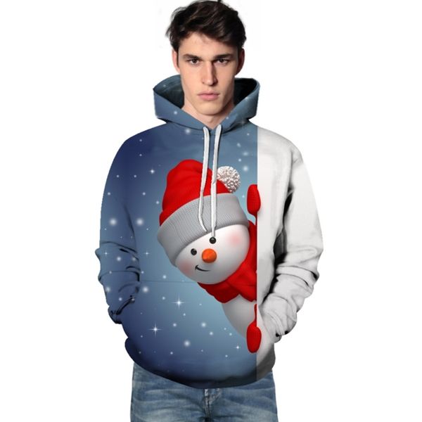 

snowman 3d digital printed sweater men's loose pullover hooded jacket, Black