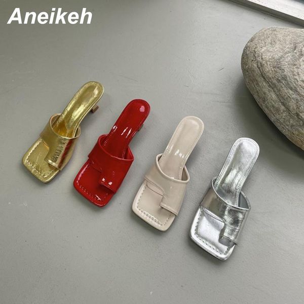 

slippers aneikeh 2021 fashion women shoes summer spike heels thong patent leather shallow party string sweet elegant leisure, Black