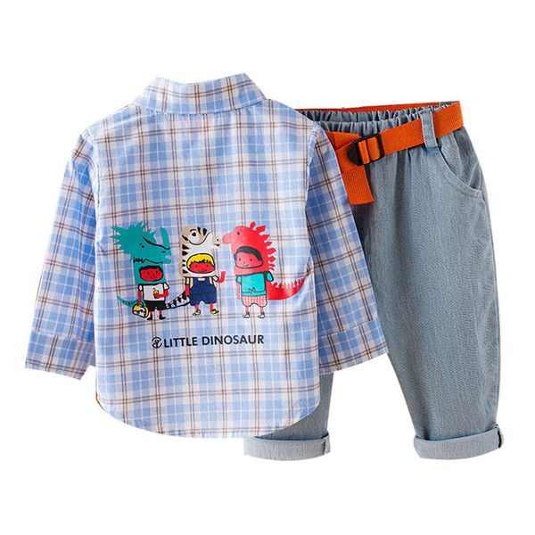 

spring autumn cute infant 2pcs suit children clothing sets lapel plaid shirt+pants jeans kids boy outfit cartoon print baby coat, White