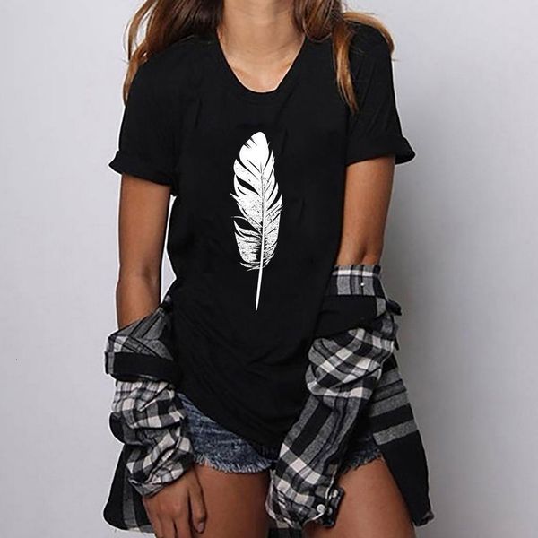 

summer black white feather t-shirt women harajuku graphi printed tee femme fashion casual o-neck dames kleding zomer