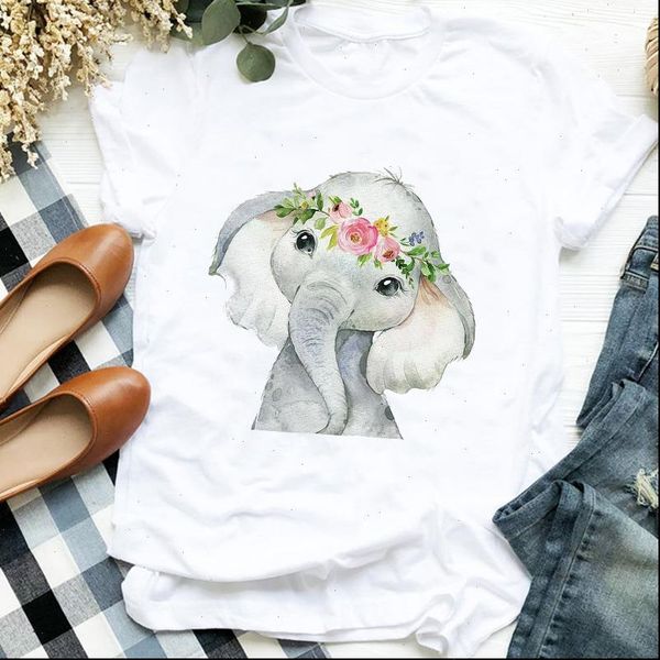 

women lady cartoon elephant animal flower print fashion printing t tee womens tshirt female shirt clothes graphic t shirt, White