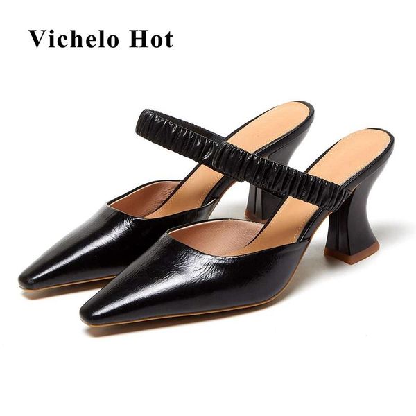 

dress shoes vichelo big size genuine leather square toe high heels sling back european style daily wear solid slip on women sandals l1f1, Black