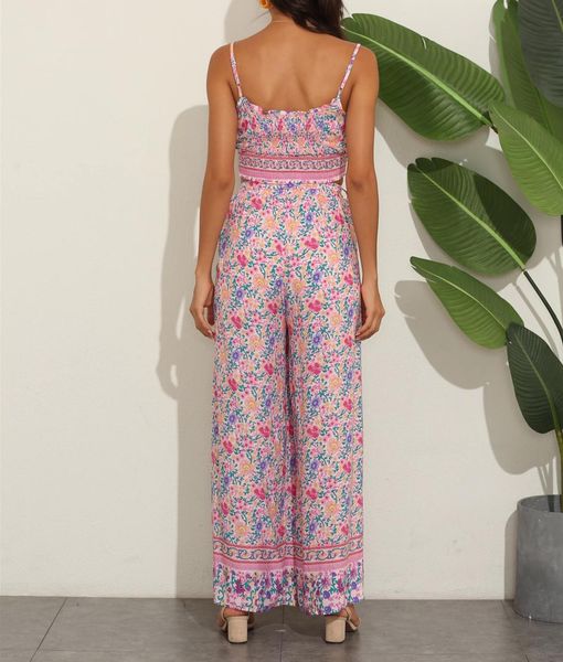 

boho pink crop elastic hem floral print bra tank set women tie bow sashes wide leg pants ruched camis 2 pieces set, Red