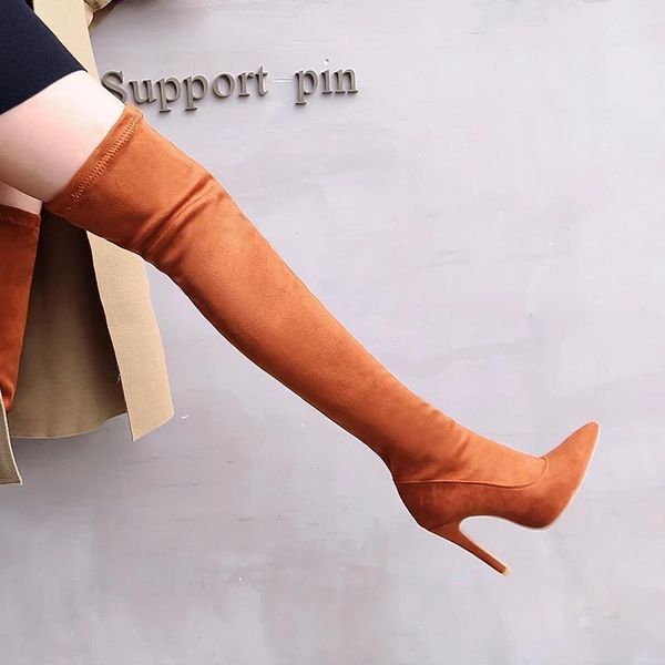 

boots faux suede stretch thigh high elastic slim over the knee women's fashion heels black red fetish long shoes