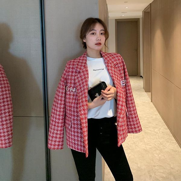 

atmospheric lapel button letter pin retro plaid fashionable suit coat women's 2021 early spring new, White;black