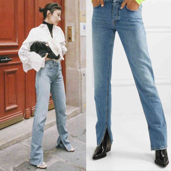 

women's jeans spring women side slits lady simple high waist straight long denim pants 22rq, Blue