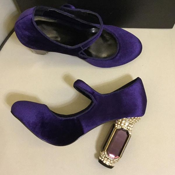 

dress shoes big gem rhinestone embellished heels royal velvet pumps ladies mary janes chunky crystal heel ankle buckle, Black