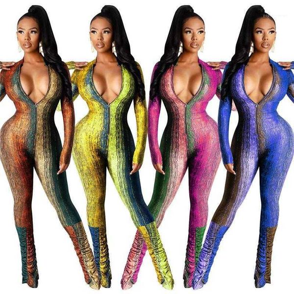 

women's jumpsuits & rompers fashion casual female clothing womens designer fahion long sleeve v neck irregular print slim party ro cctr, Black;white