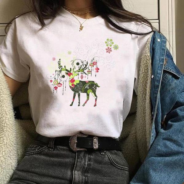 

women print holiday reindeer flower new year christmas womens tees ladies graphic female lady t-shirt t shirt t-shirts, White