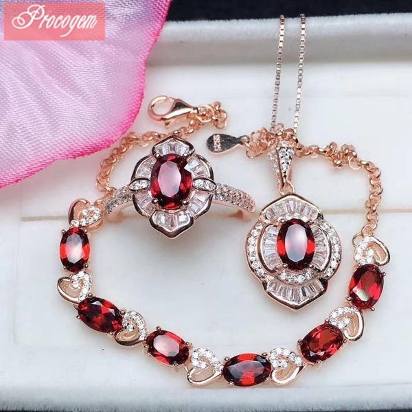 Pulseira, Brincos Colar Natural Garnet Jóias Conjuntos para Mulheres Meninas Cutuado Oval Gemas Genuínas Com Zircon Flor Anel Pulseira S925 SILV