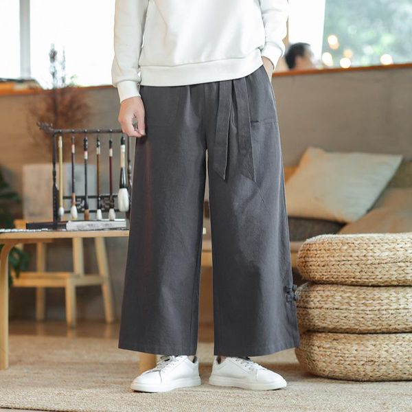 

men's pants spring autumn cotton linen men loose elastic drawstring waist straight full length retro soild color casual trousers male, Black