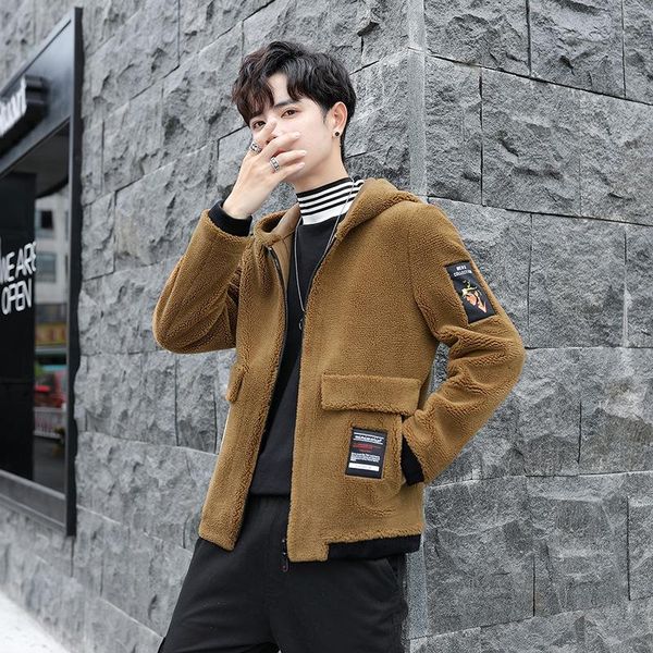 

men's jackets spring and autumn lamb fleece hooded jacket polar, Black;brown
