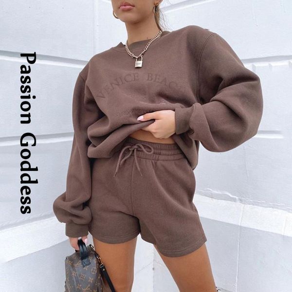 

women's tracksuits women 2 piece sets letter embroidery oversized hoodies fleece thick sweatshirts drawstring shorts two outfits, Gray