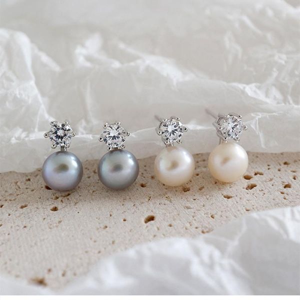 

stud trendy 100% 925 sterling silver natural freshwater white gray pearl earrings for women cute crystal jewelry, Golden;silver