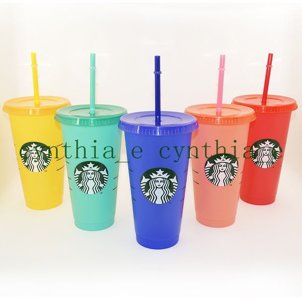 

new 24oz/710ml starbucks color change plastic tumbler reusable clear drinking flat bottom cup pillar shape lid straw mug bardian