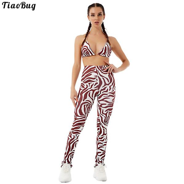 

yoga outfit tiaobug summer 2pcs women suit zebra pattern print halter neck straps bra and pants leggings set for gym running sport