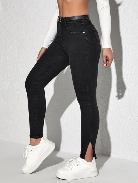 

zipper fly split hem skinny jeans with belt o9b1#, Blue