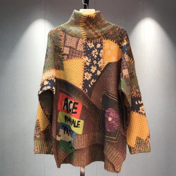 

women's sweaters ebaihui literary retro sweater mink cashmere turtleneck womens flower printed loose knitted pullover jumper oversized, White;black