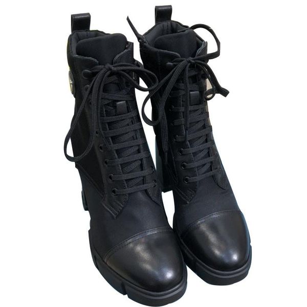 

boots triangle metal decorative women's zipper lace-up real leather high-heeled round head platform, Black