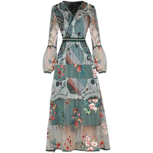

est designer runway v-neck lantern long-sleeved vintage print embroidered flower large-length mid-length dr 210526, Black;gray