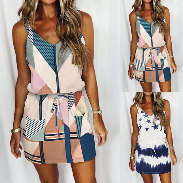 

summer fashion casual women dress v neck short sleeve strap open back patch multicolor print elegent ladies, Black;gray